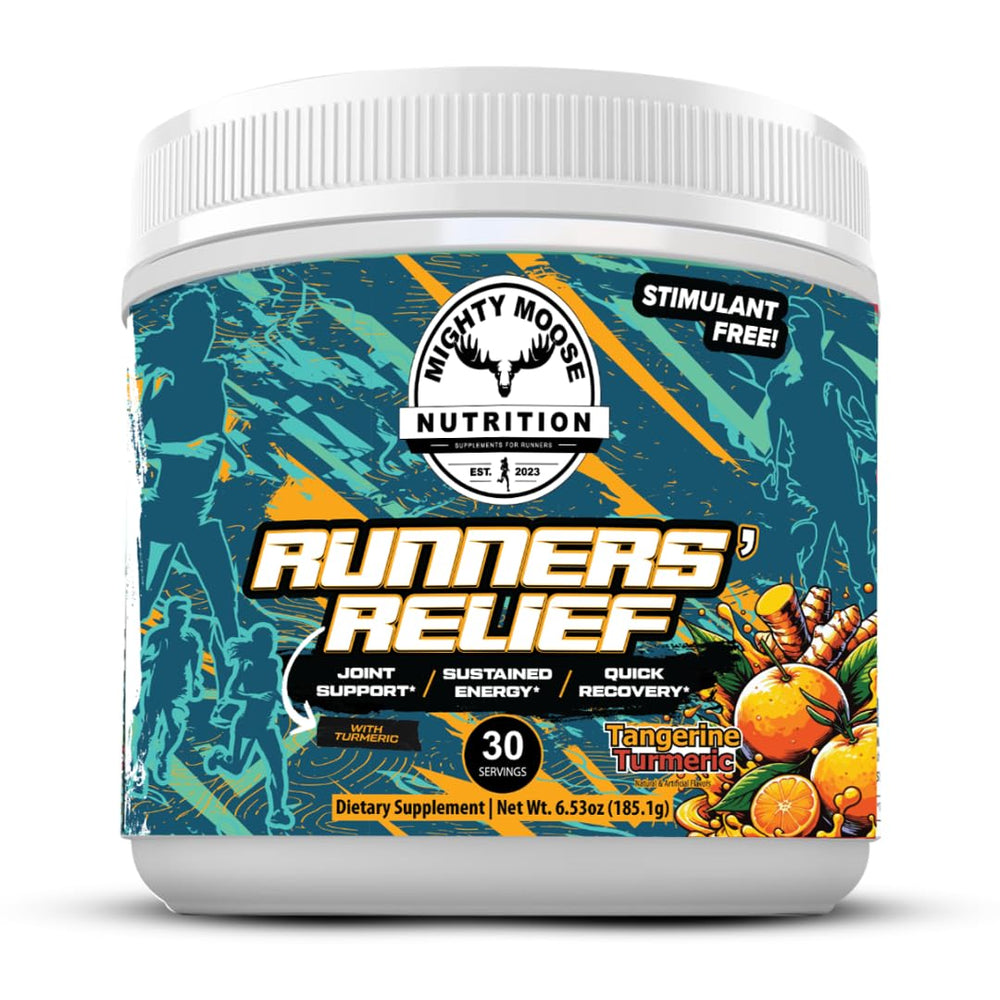 MIGHTY MOOSE Runners' Relief bottle emphasizes joint support for daily mobility.