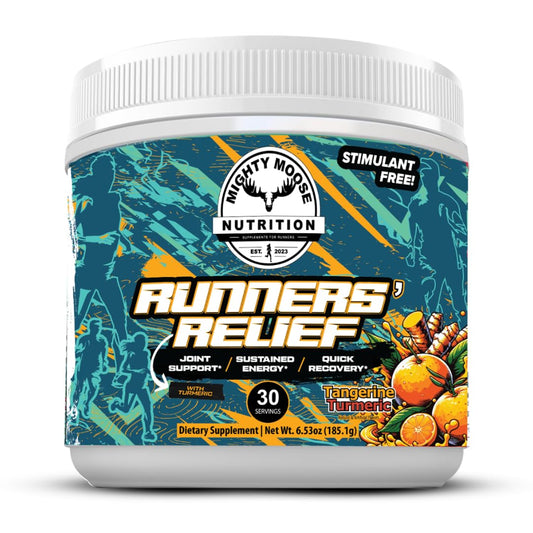 MIGHTY MOOSE Runners' Relief bottle emphasizes joint support for daily mobility.