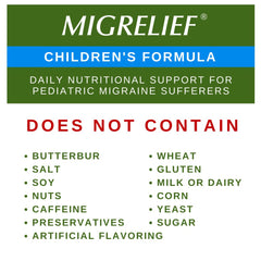 Puracol™ blend label on MigreLief packaging signals nutritional support.