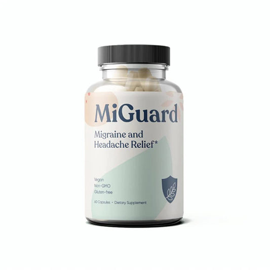 MIGUARD bottle with capsules ready for daily migraine support.