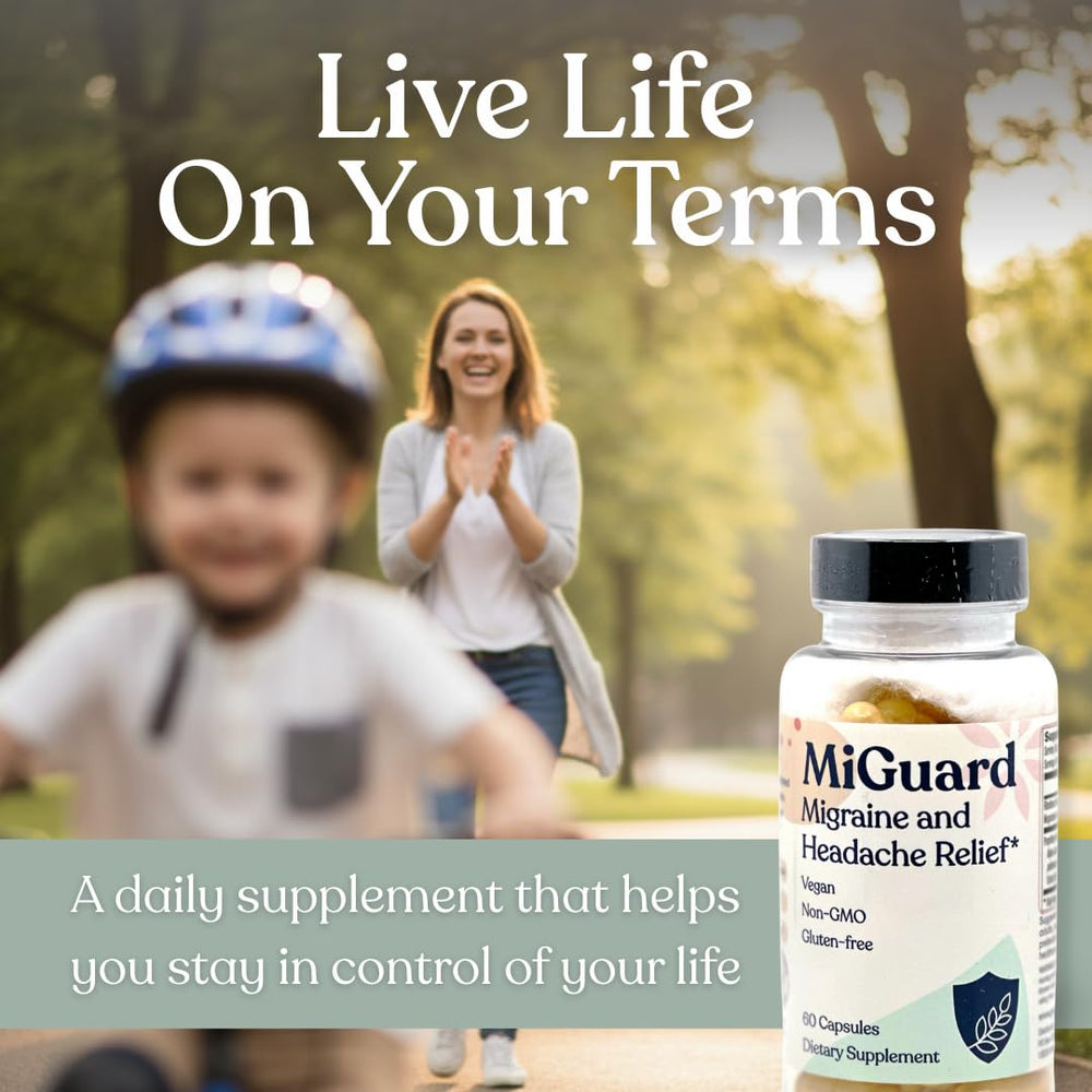 Pills on a table ready for everyday intake with MIGUARD.