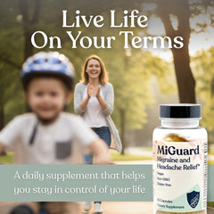 Pills on a table ready for everyday intake with MIGUARD.