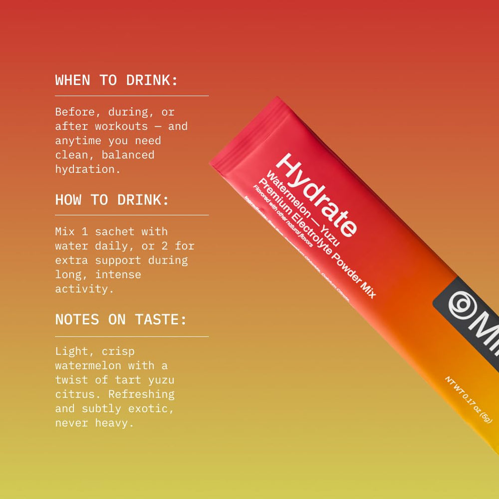 Mikra Hydrate Watermelon Yuzu packet stirred into water for refreshing flavor