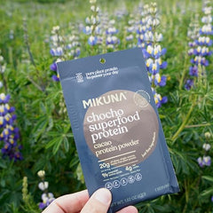 Mikuna Chocho nutrition panel highlights protein and fiber content.