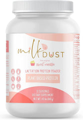 Milk Dust vanilla protein powder tub ready for nursing moms