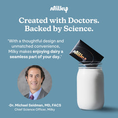 Milky lactase pills bloating relief scene; quick dairy comfort.