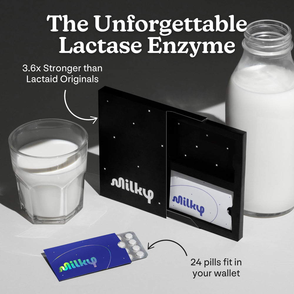 Milky lactase pills on-the-go packaging; ideal for travel.