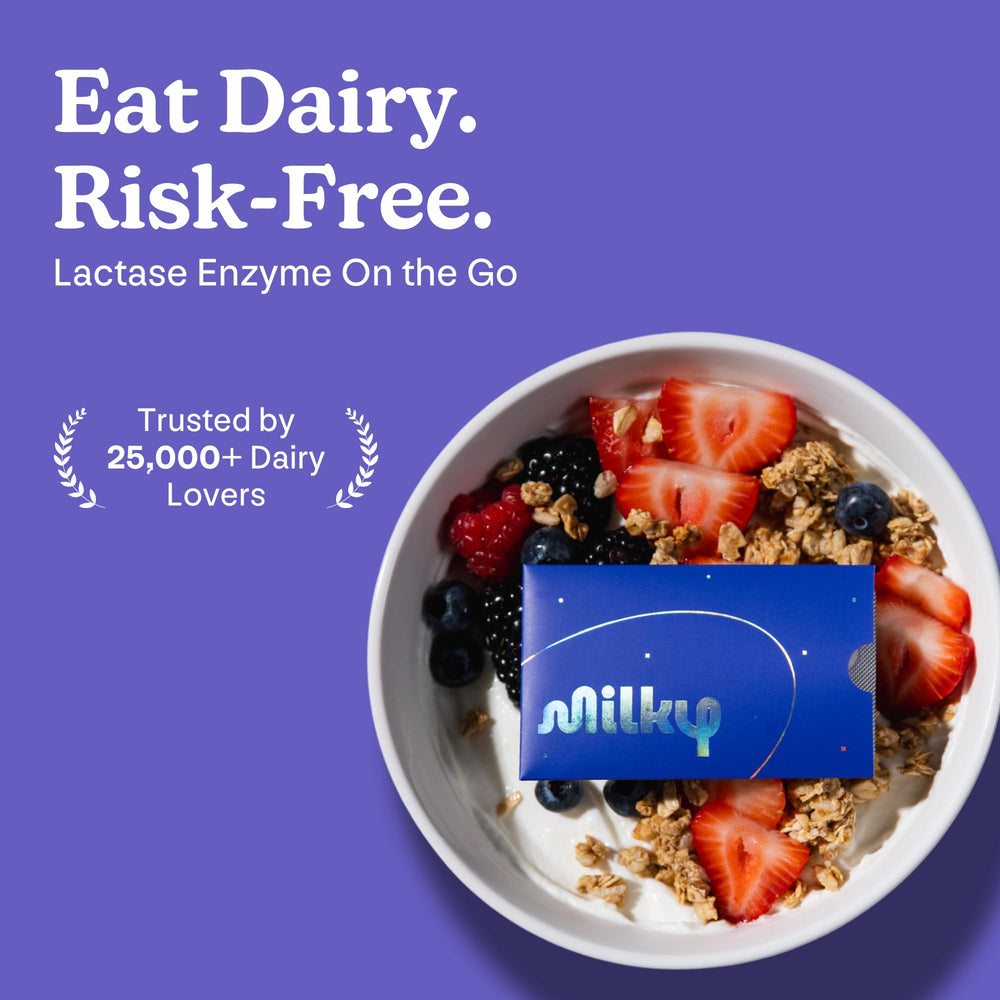 Milky lactase pills sleeve display; credit-card size for discreet use.