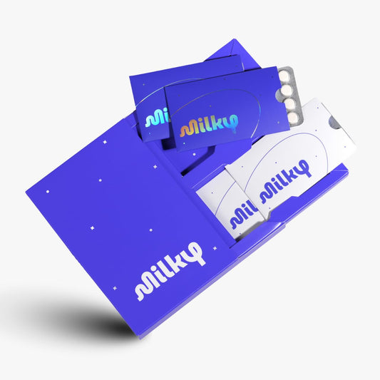 Milky Lactose Pills packaging front highlights portable dairy relief.