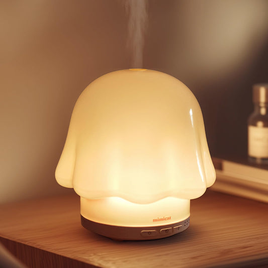 mimicat essential oil diffuser with glass cream white top for calm ambience