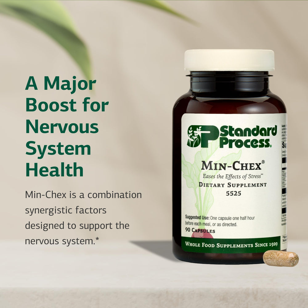 Min-Chex capsules arranged in a row imply easy daily supplementation.