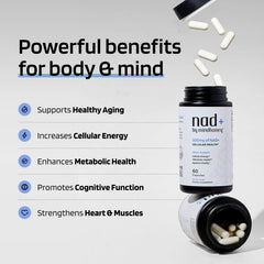 Close-up of NAD+ capsules highlighting the pure 500 mg brain energy formula.