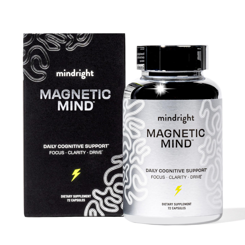 MindRight Magnetic Mind bottle closeup highlighting premium packaging for daily focus.