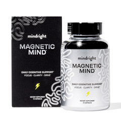 MindRight Magnetic Mind bottle closeup highlighting premium packaging for daily focus.
