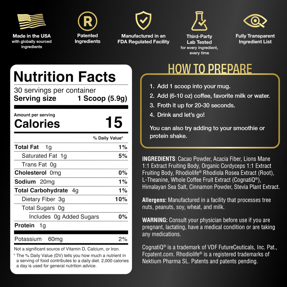 Mindright Mushroom Coffee Enhancer cup steaming, caffeine-free focus support with Lion’s Mane and cordyceps.