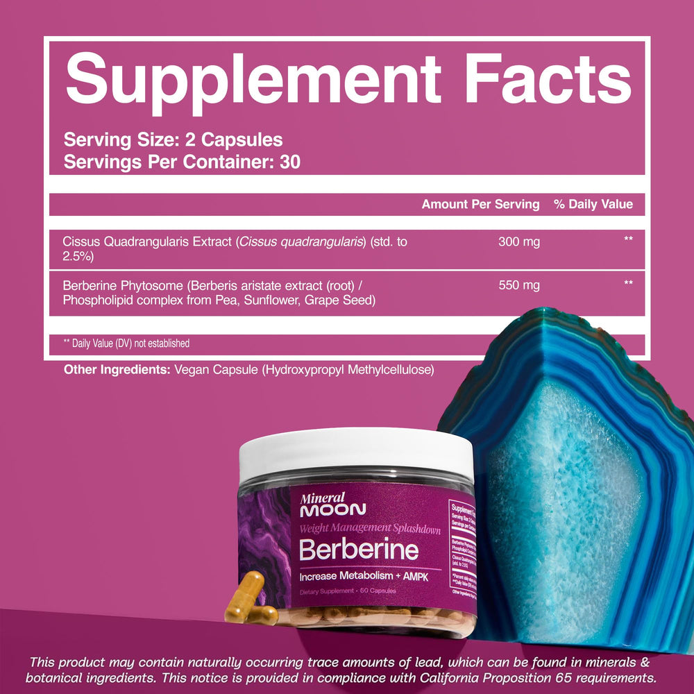 Mineral Moon berberine phytosome capsules closeup for enhanced absorption.