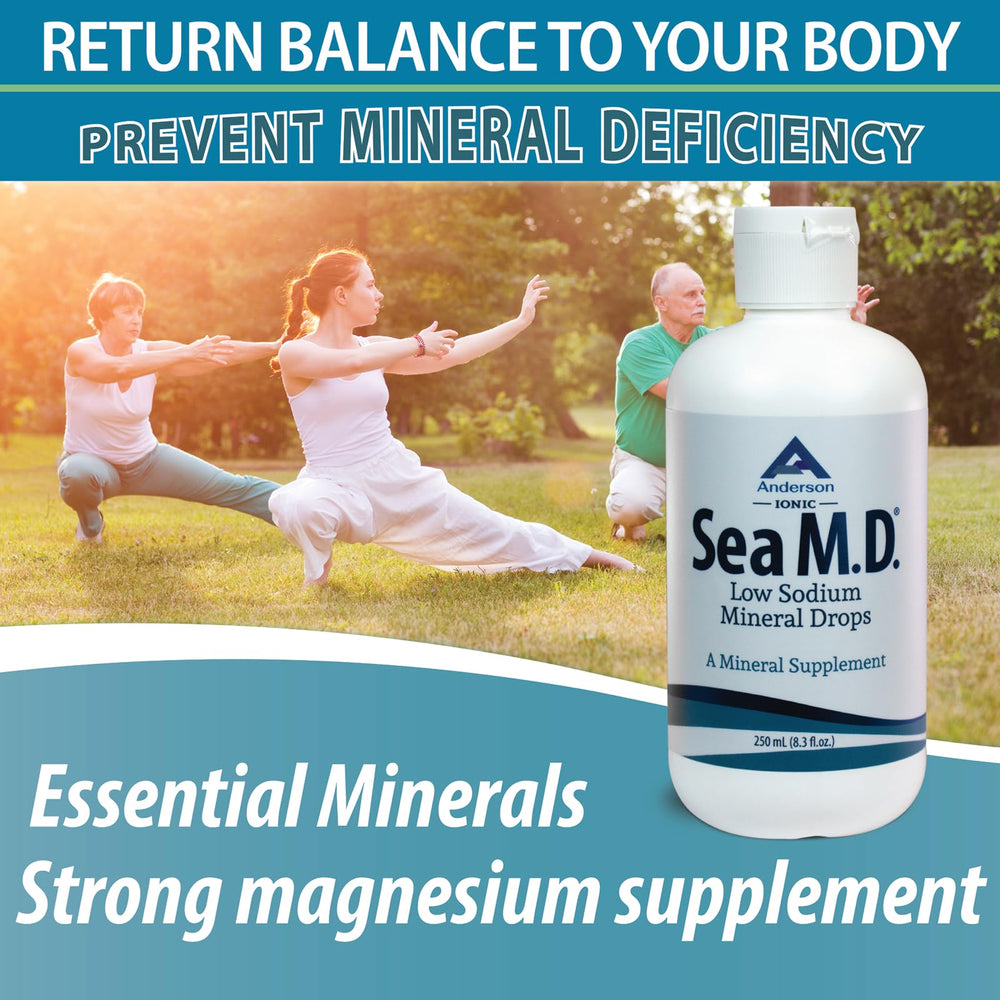 Anderson Sea M.D. bottle in water glass for remineralized hydration