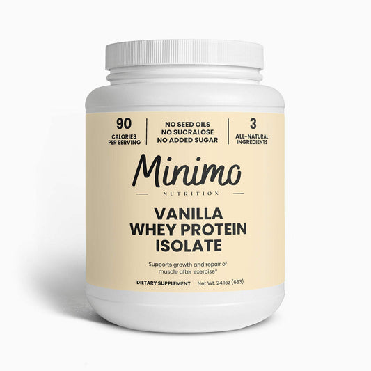 Minimo Whey Isolate vanilla powder in a jar for clean protein at home