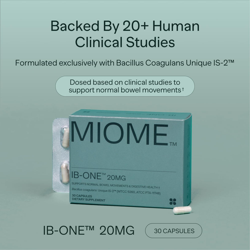 MIOME IB-ONE Probiotic bottle label highlighting gluten-free and low FODMAP features