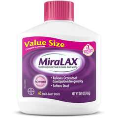 MiraLAX powder tub ready for easy, flavor-free dosing in daily routine.