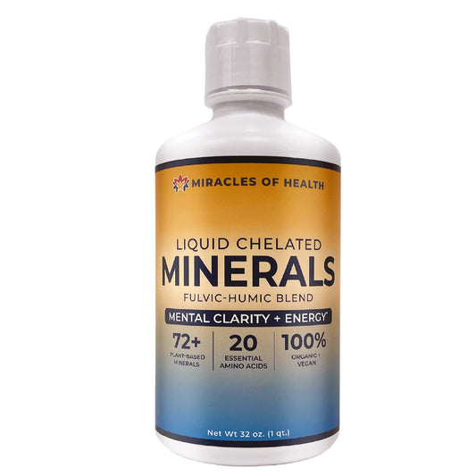 Miracles of Health Liquid Chelated Minerals bottle on counter supports daily energy and focus