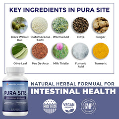 Pura Site capsules close-up, vegan-friendly formula for gut wellness.