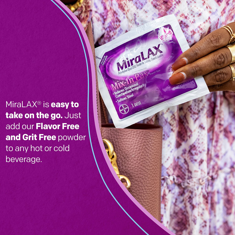 MiraLAX packets show 17 g per serving for easy measurement.