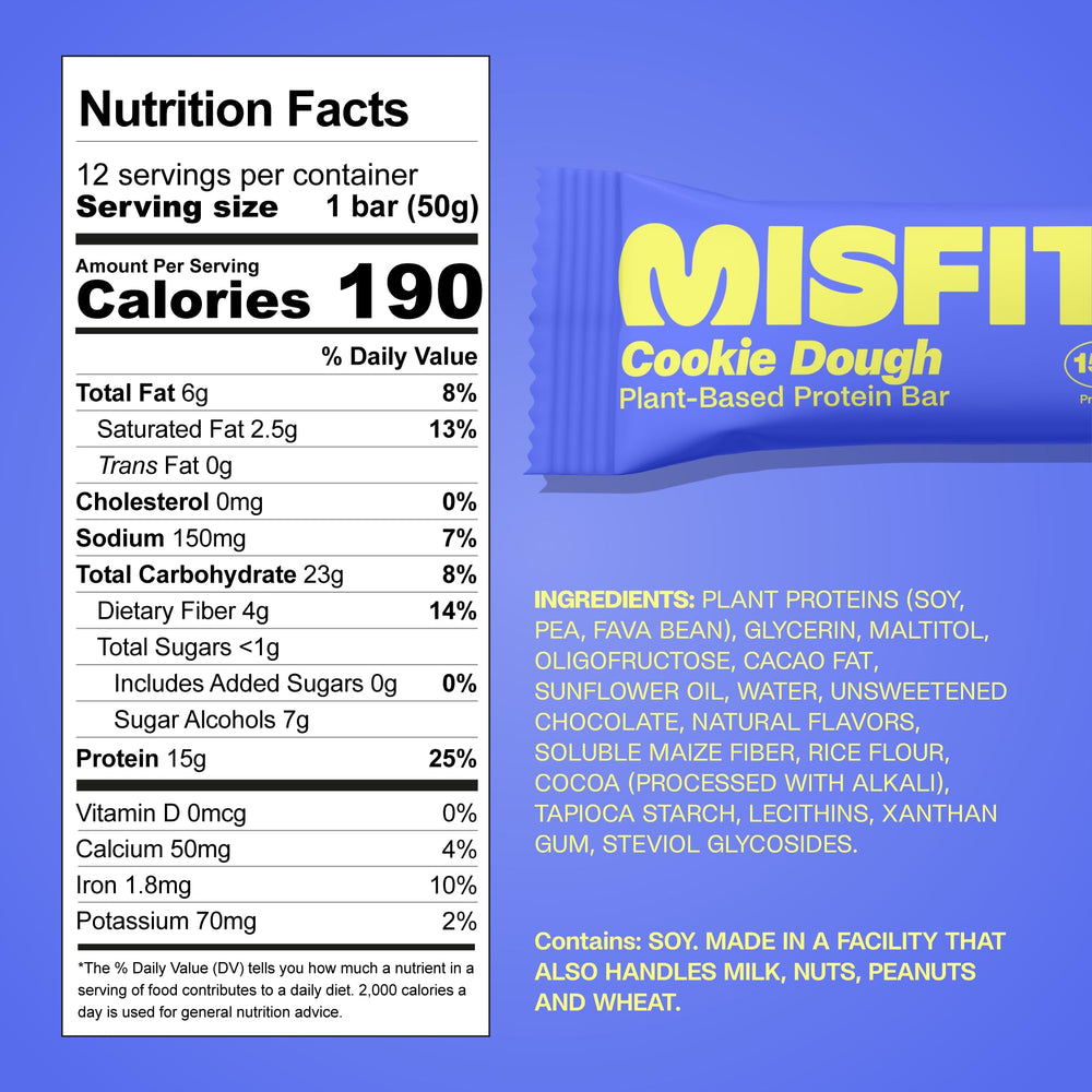 Misfits vegan protein bar cookie dough packaging shows 15g protein