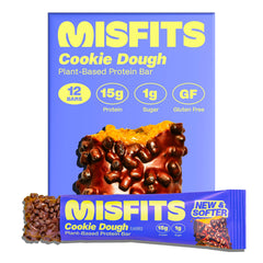 Misfits vegan protein bar cookie dough unwrapped with chocolate coating and caramel center