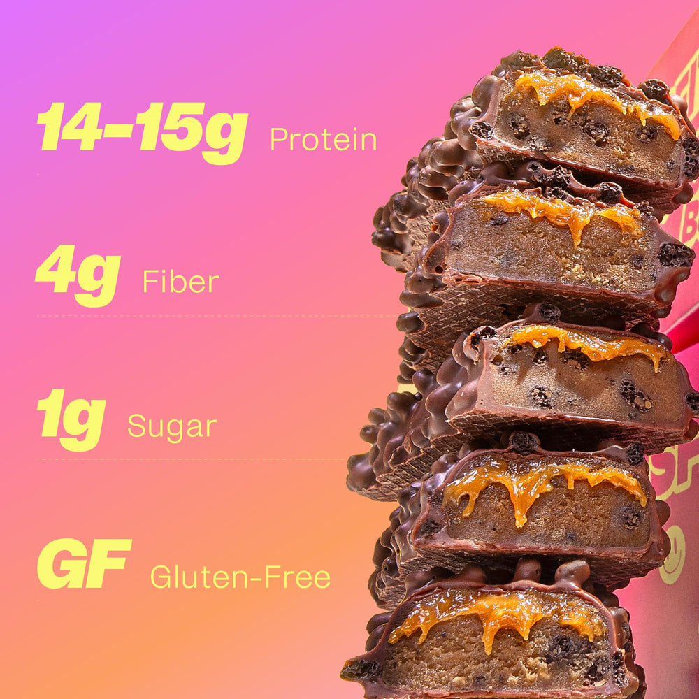 Misfits Bar Variety Pack close-up texture highlights soft, layered chocolate and plant protein