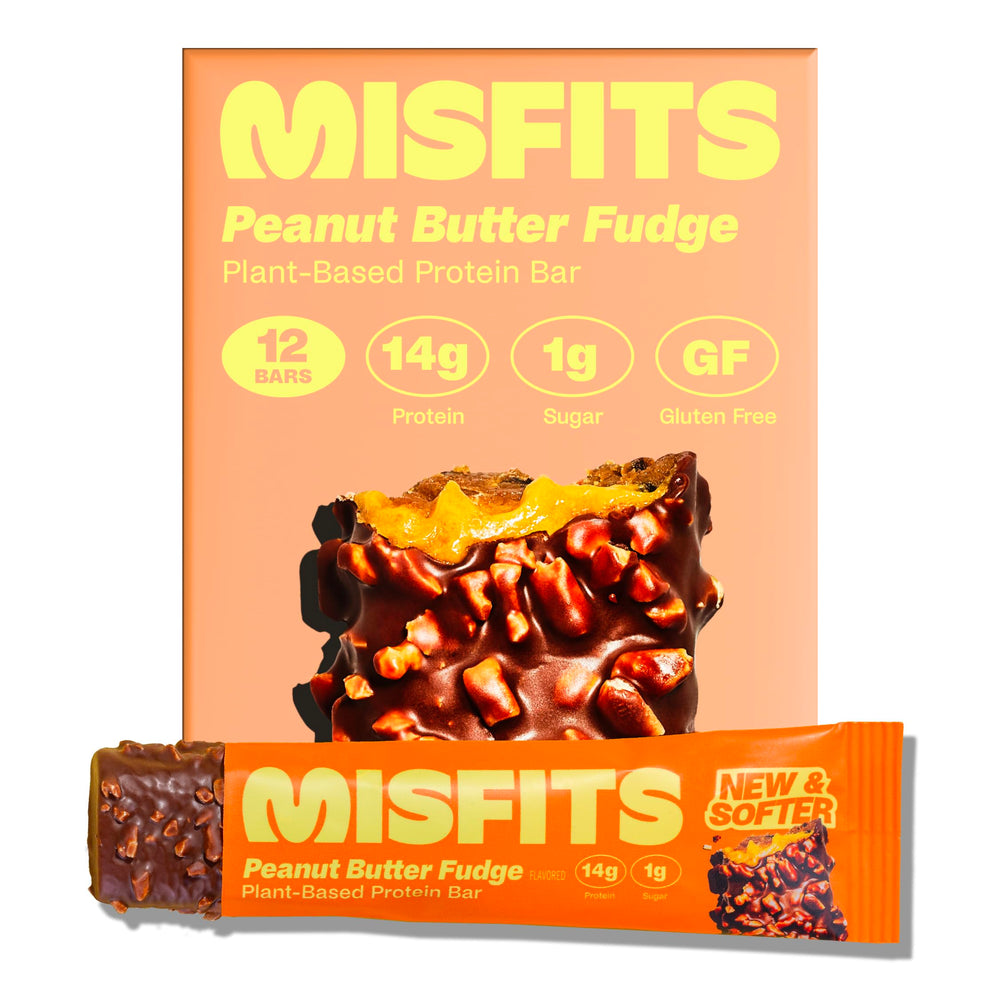 Misfits vegan protein bar peanut butter fudge packshot highlights a protein-packed snack