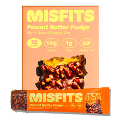 Misfits vegan protein bar peanut butter fudge packshot highlights a protein-packed snack