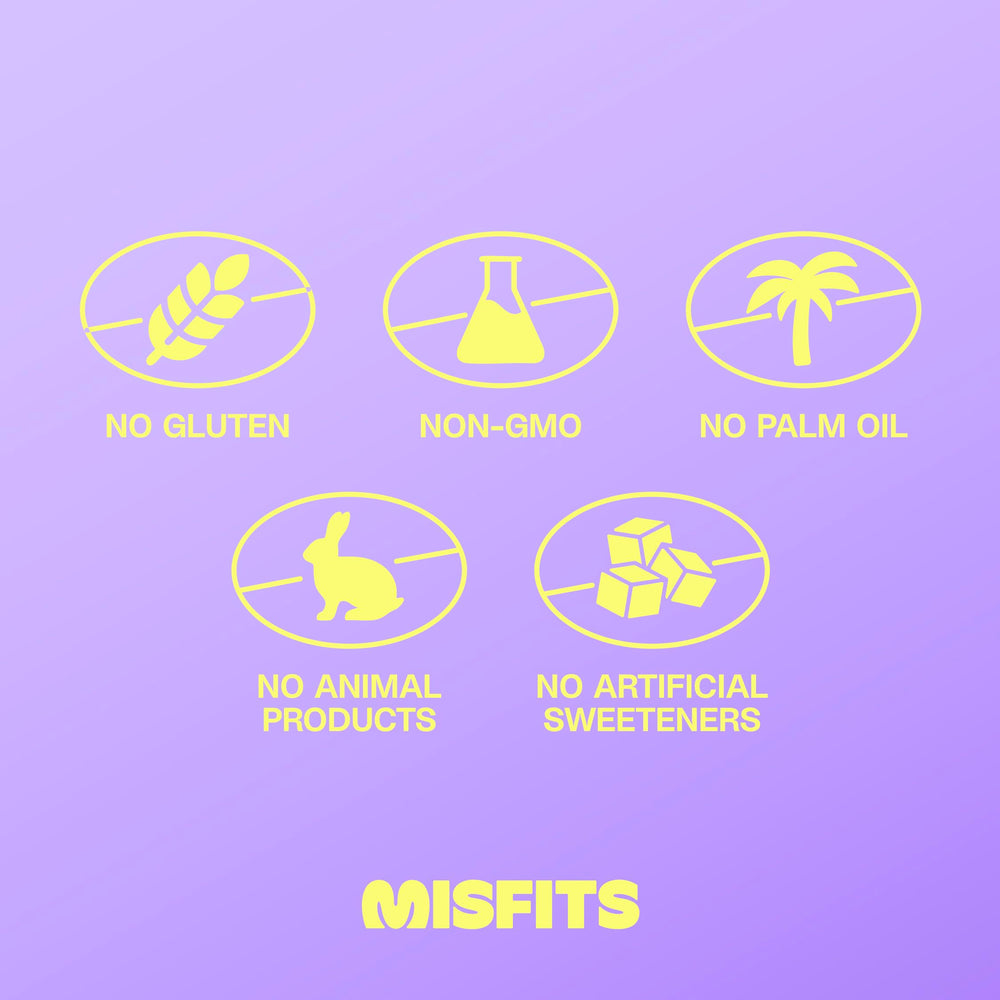 Misfits Vegan Protein Bars Sweet Caramel Fudge ingredient-visual with pea & soy protein