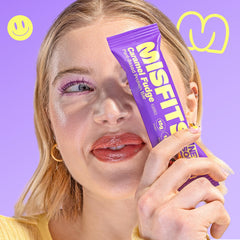 Misfits Vegan Protein Bars Sweet Caramel Fudge pack-of-12 display highlighting value and convenience