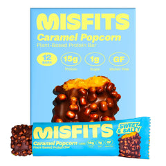 Misfits vegan protein bar with sweet-salty caramel popcorn, ideal post-workout snack for steady energy.