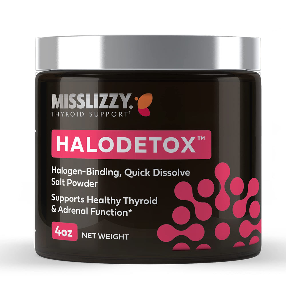 Miss Lizzy HaloDetox pink salt powder pour for quick electrolyte support.
