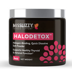 Miss Lizzy HaloDetox pink salt powder pour for quick electrolyte support.