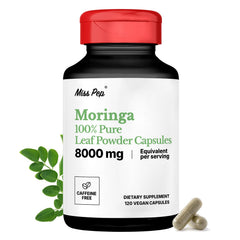 MISS PEP Moringa bottle front view showing vegan capsules for daily wellness