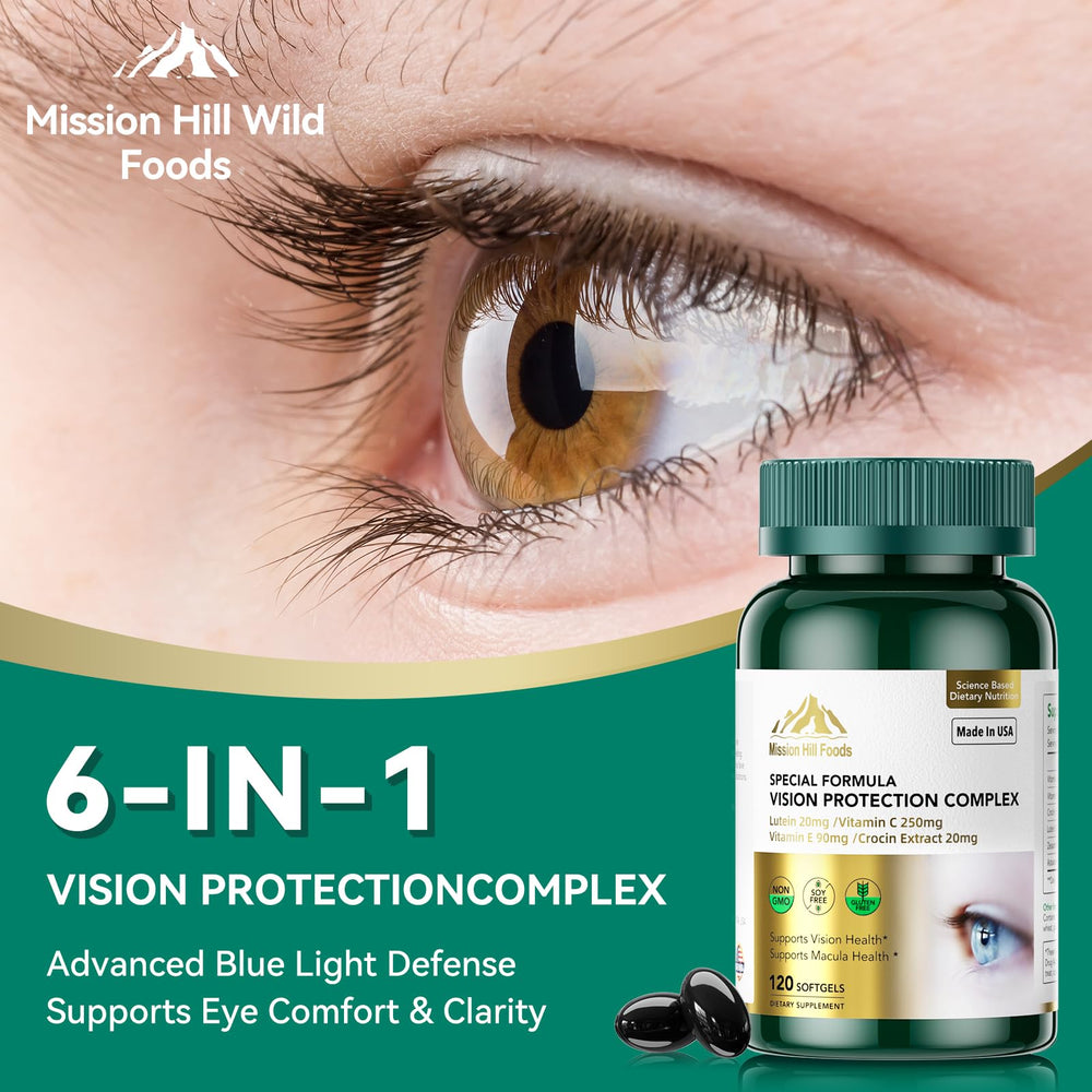 Mission Hill vitamin C and E softgel close-up suggests support against screen fatigue.