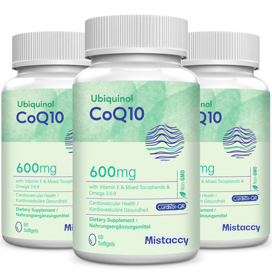 Mistaccy CoQ10 600mg softgel bottle close-up for daily wellness