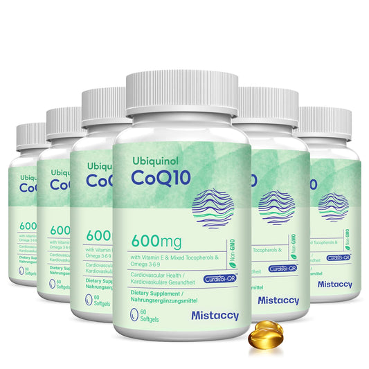 Mistaccy CoQ10 600mg softgels bottle for energy support on busy days