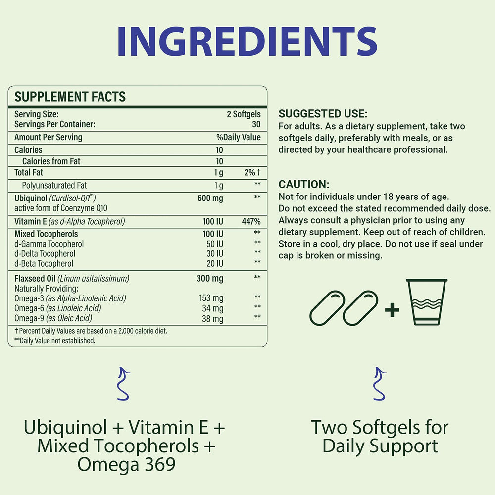 Mistaccy CoQ10 softgels being poured to show easy daily support.