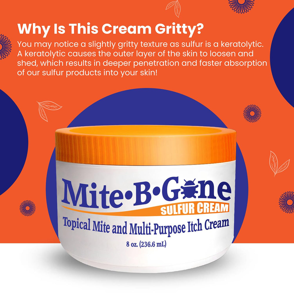 Mite-B-Gone ingredients sulfur, botanicals and oils illustrated