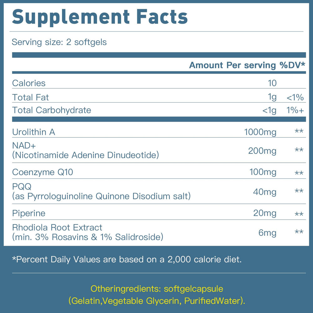 MITIVA Urolithin A daily-dose view emphasizes 60 servings for two months
