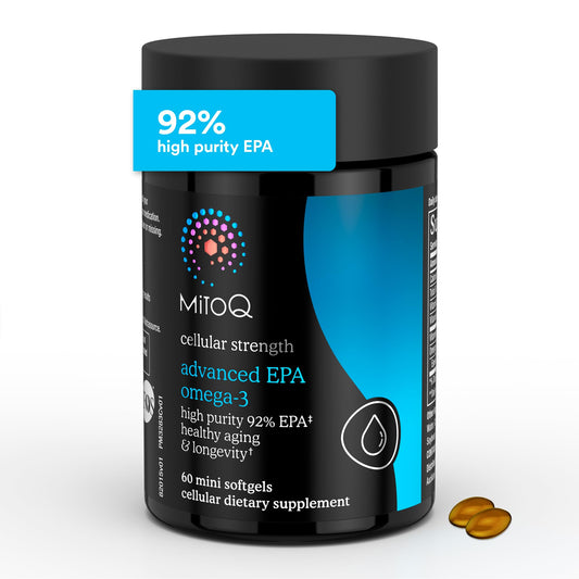 MitoQ Advanced EPA Omega-3 bottle front with a clean label suggesting heart support.