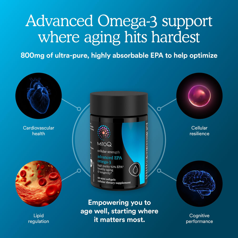 MitoQ Advanced EPA Omega-3 softgels in hand ready for daily use.