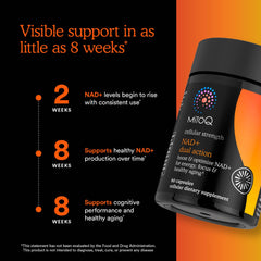 Label on MitoQ NAD+ Dual Action bottle emphasizes flush-free Niacin quality.