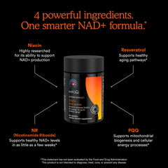 PQQ and resveratrol visuals indicate mitochondrial support in MitoQ formula.