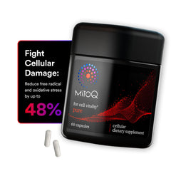 MitoQ Pure bottle front for daily mitochondrial support.