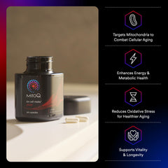 MitoQ Pure capsules closeup for easy daily use.